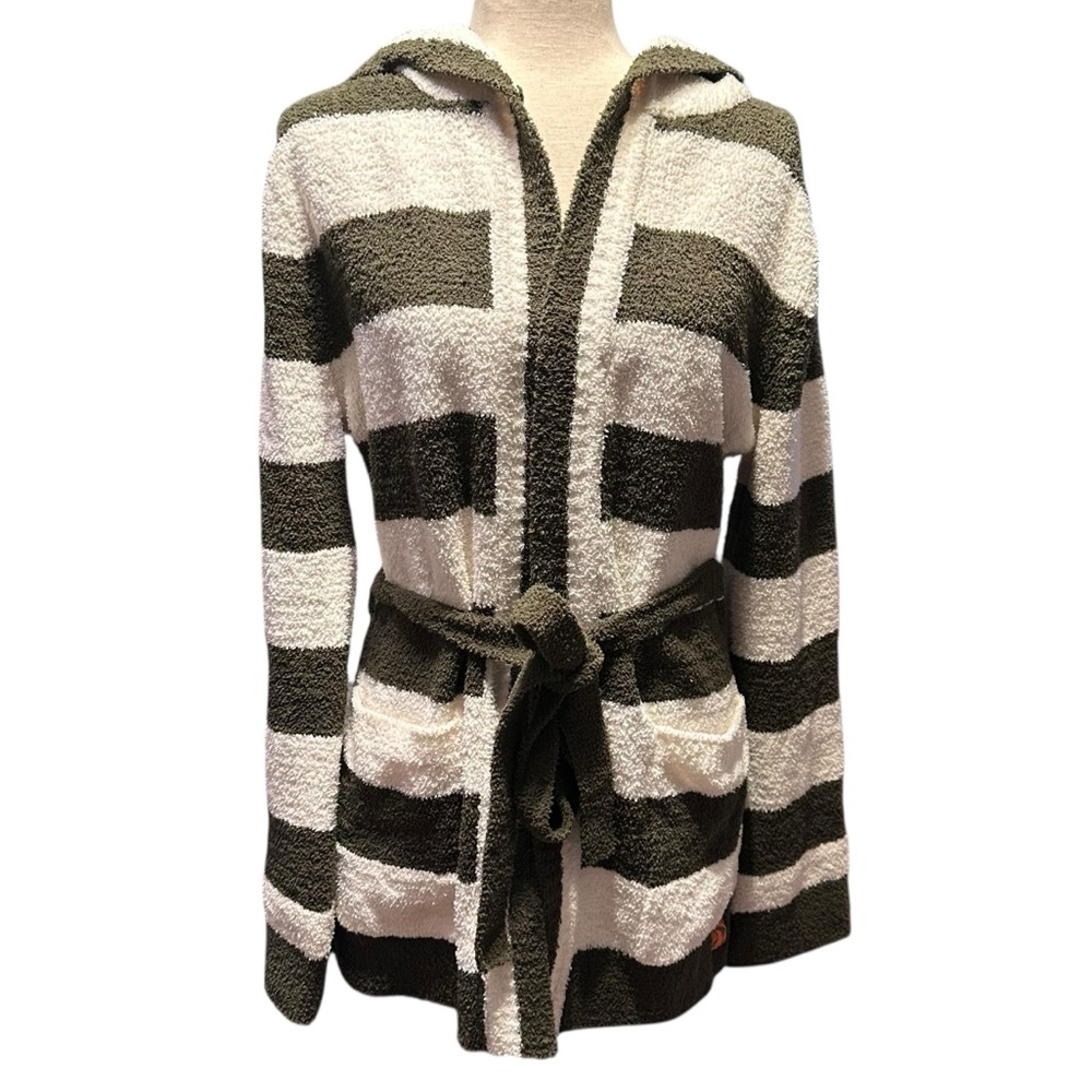 Kashwere Green Striped Hooded Tie Waist Robe Cardigan Size Large NWT Lounge Soft